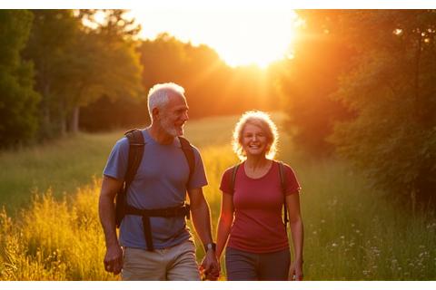 Active senior couple hiking